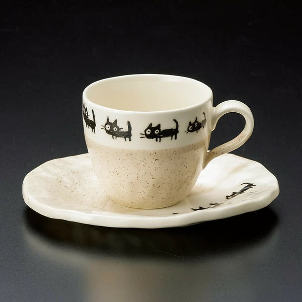 ☕Black Cat Cup & Saucer Set – Beige Edition 🍪 220cc