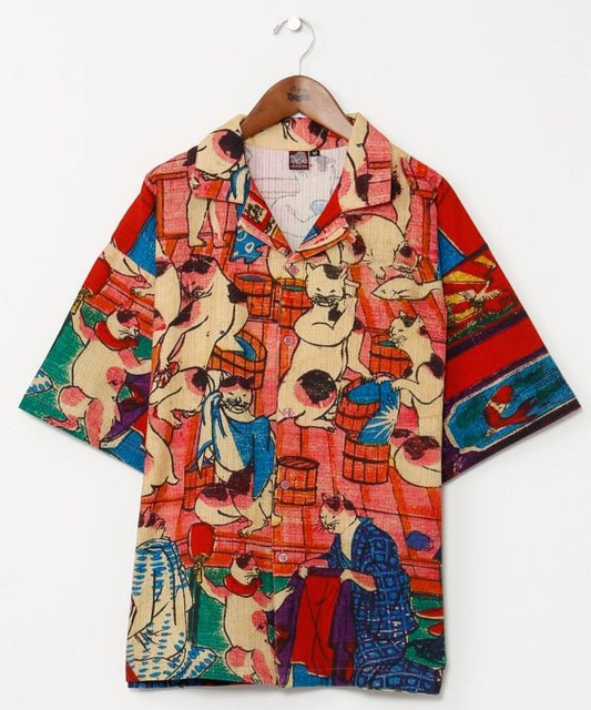 Medium👘Ukiyo-e Inspired Japanese Aloha Shirt🌸Pink Cat Bath
