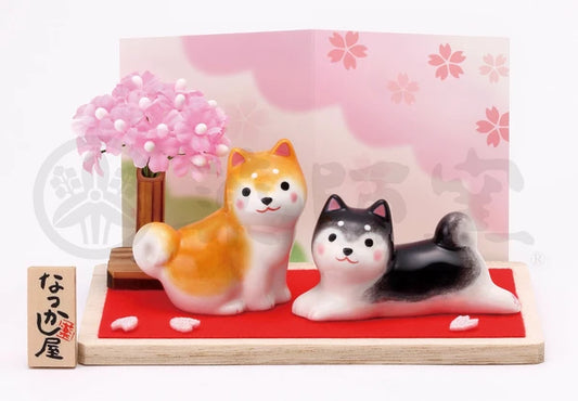 🌸🐕 Adorable Shiba Inu Figurine Set with Cherry Blossom Background 🎍✨